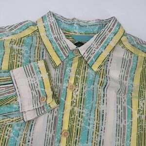 Tommy Bahama Men's Large Silk Cotton Blend Yellow Striped Long Sleeve ButtonDown